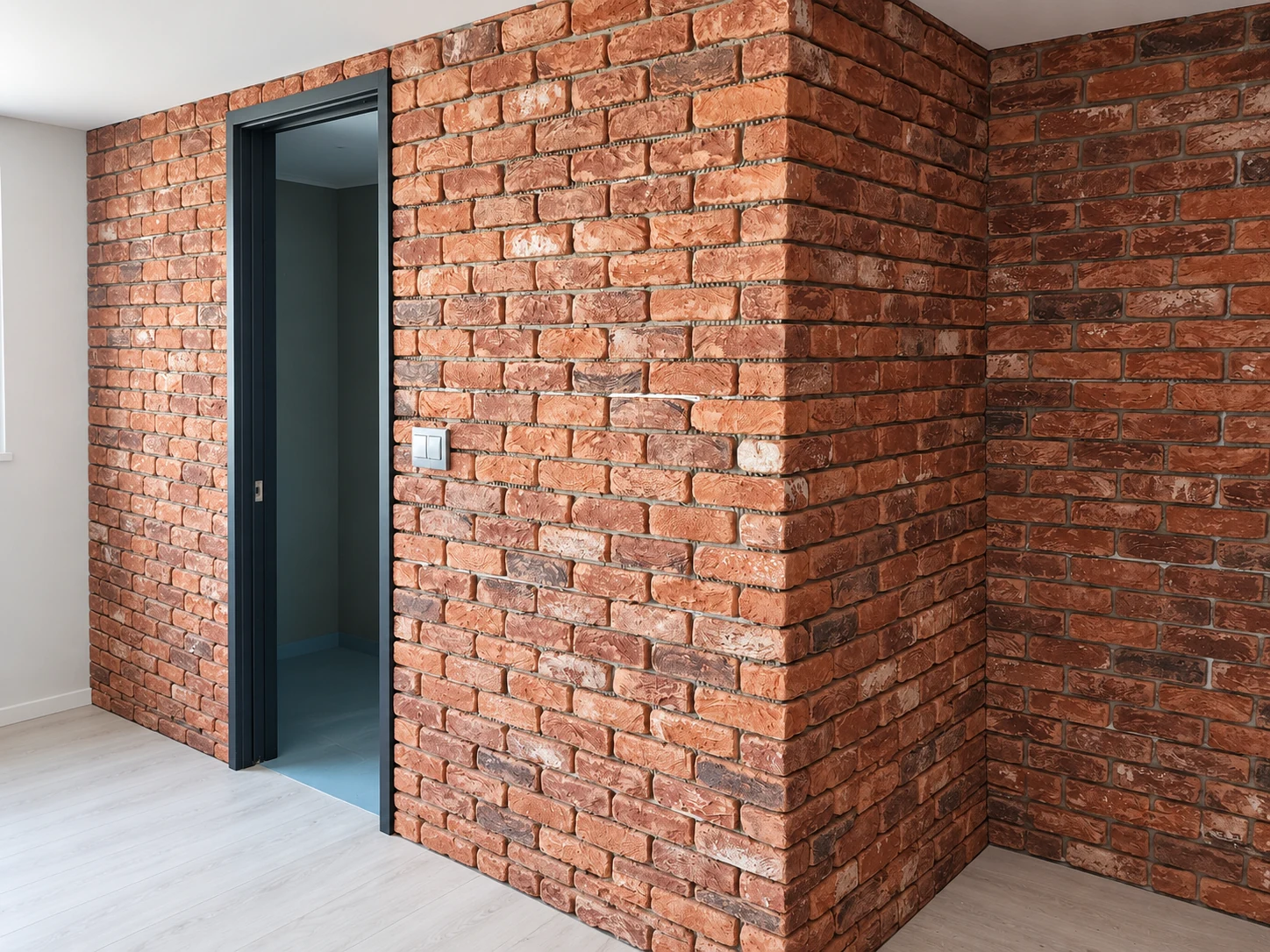Red brick slips wrapping an interior wall corner beside a doorway